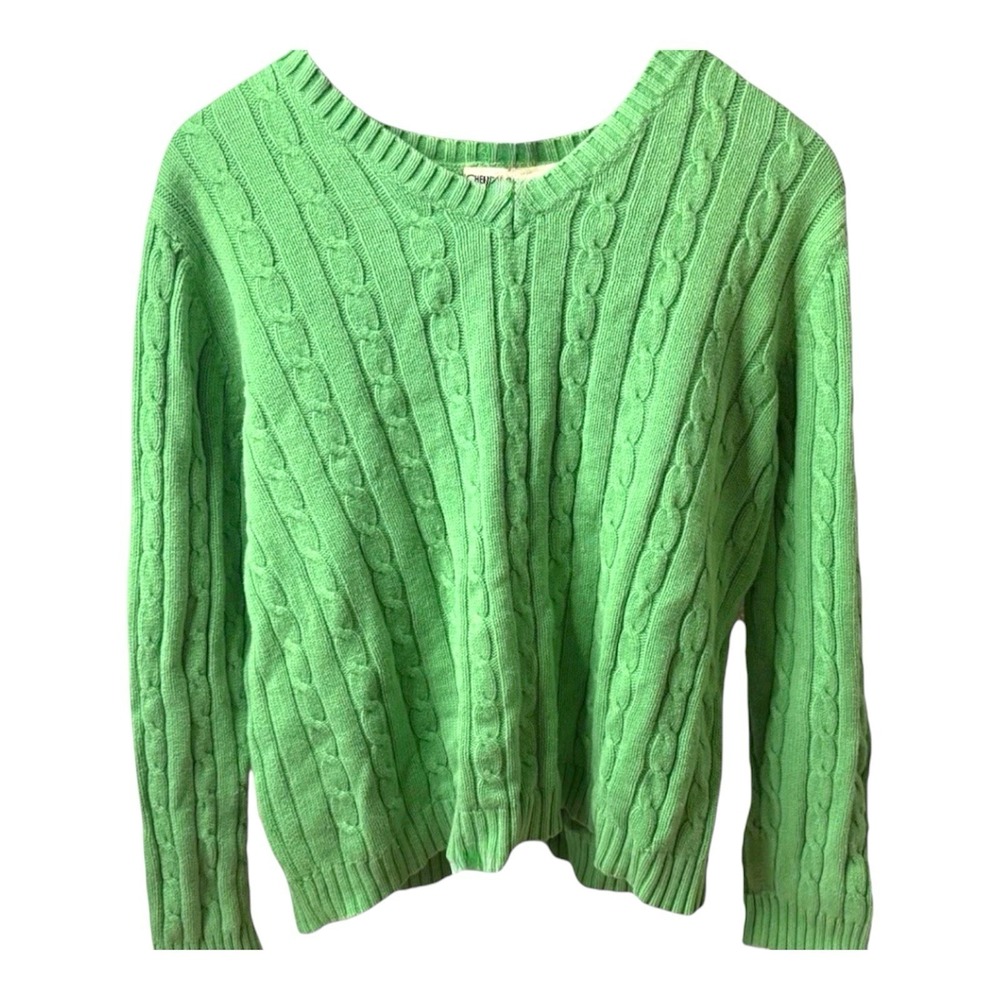 Cherokee Women's Cable Knit Sweater Vibrant Lime Green Pullover Ribbed Size XL